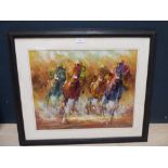 Equine oil painting study of horse race jockeys at full gallop, 38.5x49cm PLEASE always check