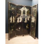 Chinese decorative black lacquered 4 piece screen, with all over decoration to both sides