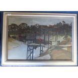 'Clifford Frith' (born 1924) River landscape with figure on a pontoon, buildings & trees beyond, oil