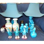 A pair of Chinese turquoise glazed Fo Dog table lamp bases, 7 similar glazed ornaments, a pair of