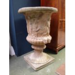 Large classical stone style style urn with classical figures on pedestal 64 dia. x 96H cm PLEASE