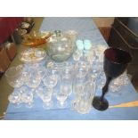 Qty of clear & coloured glassware incl. 4 1930's pressed glass bows/dishes, large amethyst
