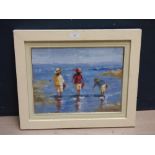 Studio framed impressionist oil painting, children at the seaside, beach paddling, 30.5x40cm