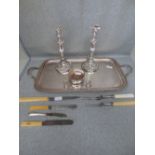 Silver plated two handled tray, 63.5L cm, a pair of plated candlesticks 25H cm, a plated wine