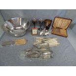 Qty of plated flatware, some with ivory handles, a plated punch bowl, a pair of goblets & other