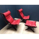 Pair of retro 1970's red leather & oak frame armchairs with matching stool by Sigurd Ressell for