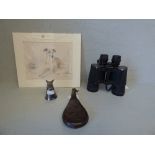 Leather & brass powder flask, silver plated stirrup cup in the form of a fox mask, a pair of