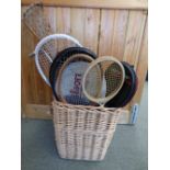 Wicker log basket & various rackets etc. PLEASE ALWAYS CHECK CONDITION PRIOR TO BIDDING