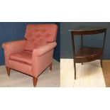 Reproduction Victorian style armchair on mahogany legs to casters & mahogany corner table PLEASE