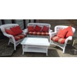 White painted wicker conservatory set of coffee table & chairs PLEASE ALWAYS CHECK CONDITION PRIOR