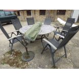 Teak circular garden table with 6 armchairs & green parasol PLEASE ALWAYS CHECK CONDITION PRIOR TO