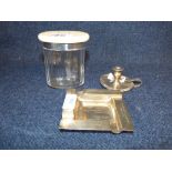 Hallmarked silver ash tray, silver chamber stick, silver collared glass dressing table bottle PLEASE