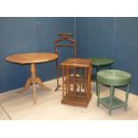 Pine circular pedestal table, revolving bookcase & 2 green painted wicker occasional tables PLEASE