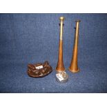 2 Copper hunting horns, fox ash tray and pill box PLEASE ALWAYS CHECK CONDITION PRIOR TO BIDDING