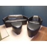 Contemporary black leather 2 seater sofa with matching armchair & 2 footstools PLEASE ALWAYS CHECK