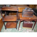 Victorian mahogany whatnot,side table, sewing machine, shoe cleaning box