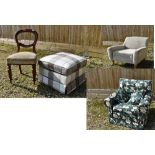 Large cream armchair, upholstered armchair, footstool and chair PLEASE ALWAYS CHECK CONDITION