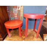 Red painted circular tables approx. 46 cm dia. "Pine block table & stool with removable legs 80 cm