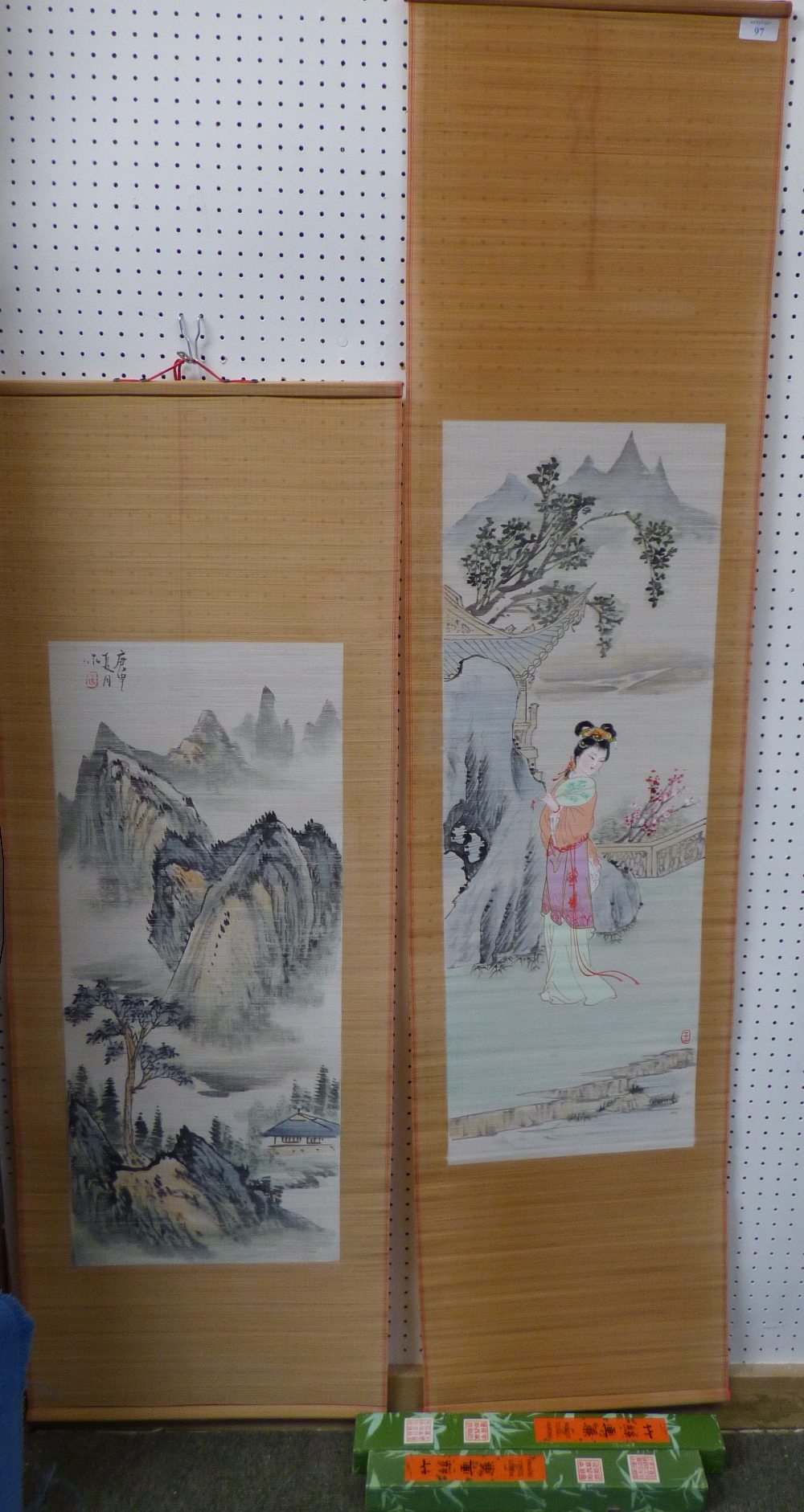 2 Chinese painted bamboo scrolls, boxed