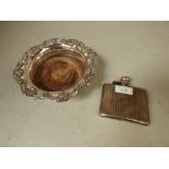 Hallmarked silver hip flask by 'S. M & Co.' London & silver plated wine coaster, 3ozt