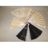 5 C19th fans, 3 cream & 2 black, incl. Mother of pearl, ivory & lace