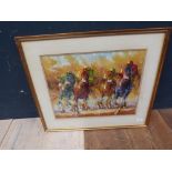 Impressionist equine oil painting study "Horse Race Jockeys at Full Gallop" signed 'R. Sanford' 37 x