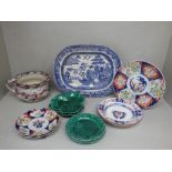 Qty of china to include Staffordshire, Imari, Wedgwood & dessert service, Copper bed warmer