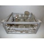 Vintage metal milk crate & various bottles, meat hook & metal ware