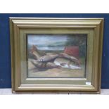 A gilt framed oil painting study of a pike and other fresh water fish on the banks of a loch, 29 x