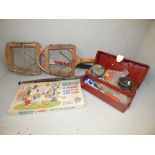 Fishing box with various fishing tackle & 2 vintage tennis rackets etc.