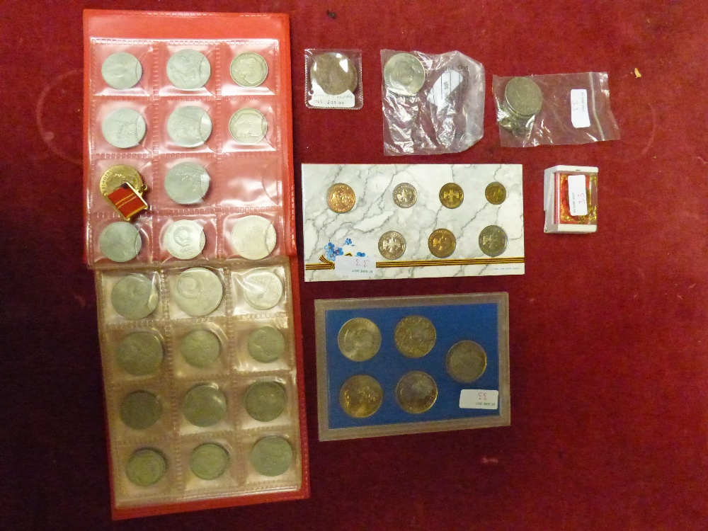 3 framed displays of USSR coins, medals & badges. 1 frame of coins plus assorted loose coins, framed - Image 4 of 5