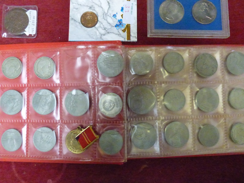 3 framed displays of USSR coins, medals & badges. 1 frame of coins plus assorted loose coins, framed - Image 5 of 5