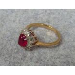 Ruby & diamond style cluster ring set in yellow & white coloured metal, size 'Q', 2.6g