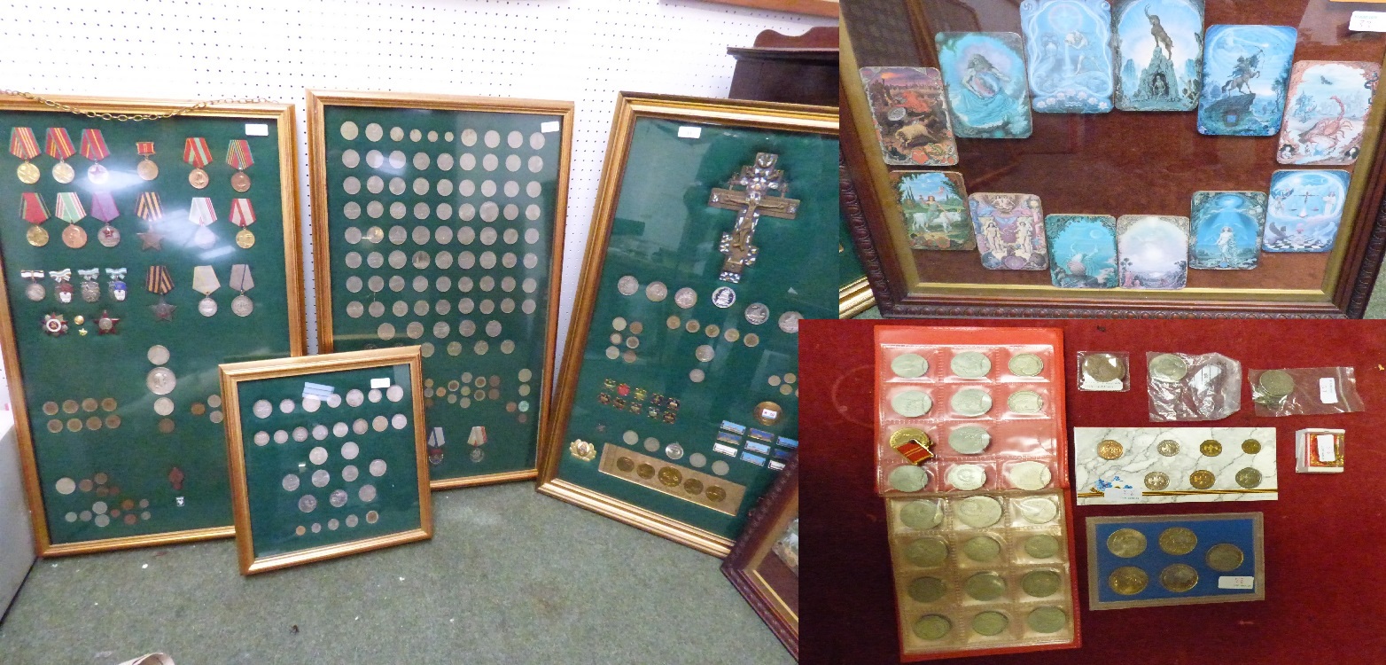 3 framed displays of USSR coins, medals & badges. 1 frame of coins plus assorted loose coins, framed