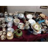 Large qty of china incl. crested ware, pair of Doulton Lambeth vases etc