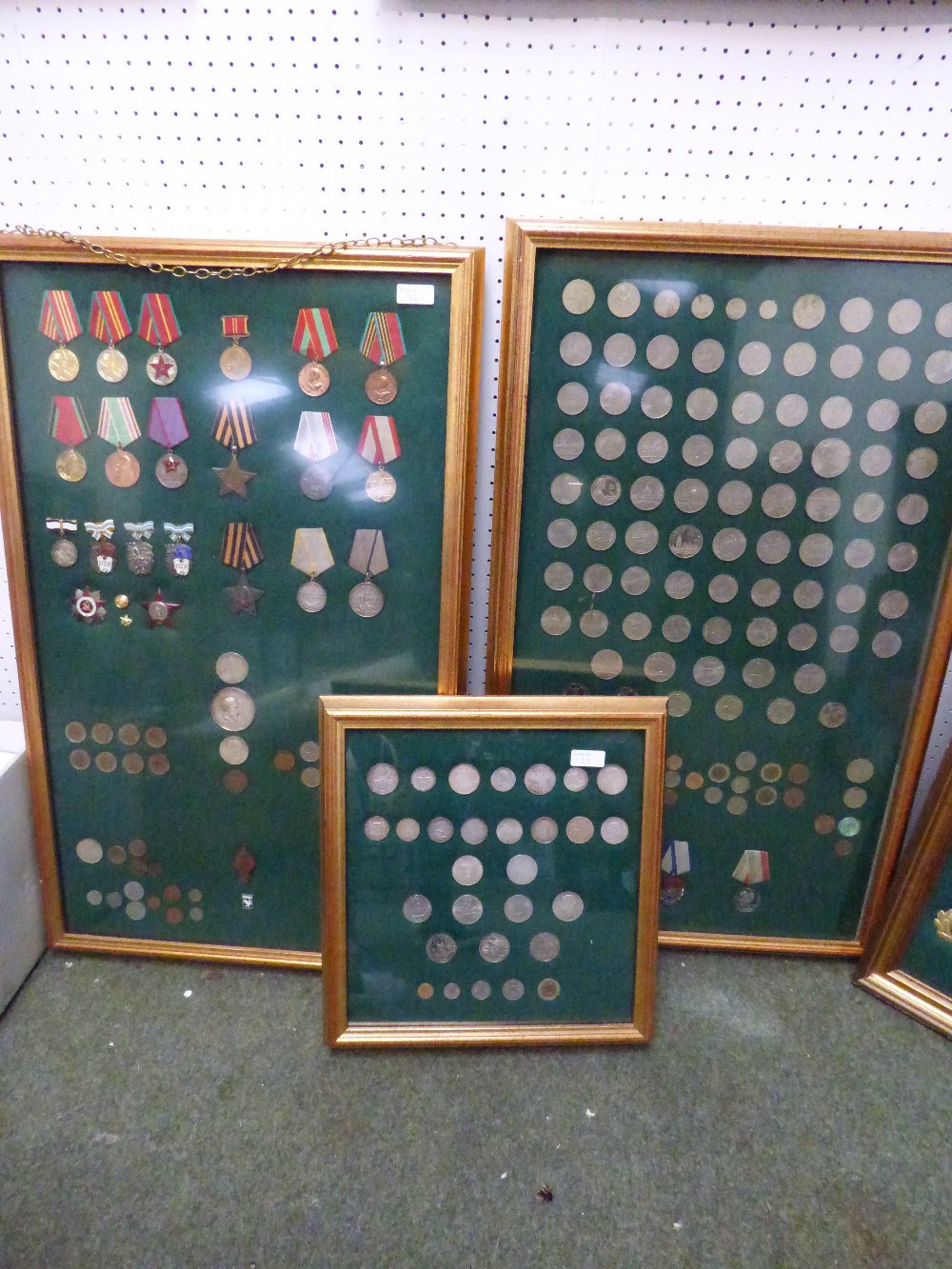 3 framed displays of USSR coins, medals & badges. 1 frame of coins plus assorted loose coins, framed - Image 2 of 5