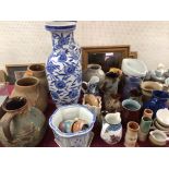 Pair of large blue & white vases & large qty of studio pottery, jugs etc.