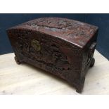Chinese carved canter wood chest with carved scenes 60H x 100W cm