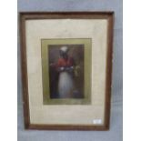 A Hogarth framed oil painting portrait of a Colonial female holding crop basket, 23.5 x 15 cm