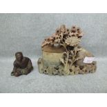 Chinese carved soapstone & Chinese bronze figure of a Buddha, 24 x 17 & 7 x 5 cm