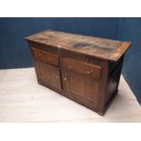 C19th oak dresser base with 2 single drawers & cupboards 75H x 125W cm