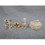 Chinese carved ivory pot & 3 ivory netskies with charter marks to bases