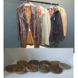 Various jackets and tweed caps, 5 pairs of gentleman's shoes Foster & Son