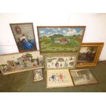 Oil of country scene bears signature J. Tarquhon and qty of various needle point pictures