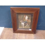 An oil painting study of two fox hounds in a kennel, 24 x 18 cm
