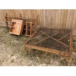 Bamboo & glass top coffee table, 3 pine wall shelves & pine wall cabinet