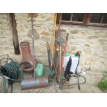 Qty of various garden tools, weed sprayer & chimenea