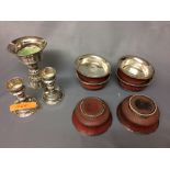 Set of 6 Tibetan white metal & wood bowls and 3 white metal Tibetan butter lamps, good provenance