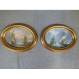 Pair of small oval Marine, oil on board, scenes, bears signature "John Bentham-Dinsdale" in gilt