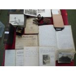 Box of assorted WWI artefacts incl. diaries, cuttings, postcards, letters from the front, Regimental
